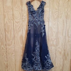 Alexander By Daymor NEW Navy Silver Lace Beaded Maxi Ball Gown Dress Sz 6 #1161